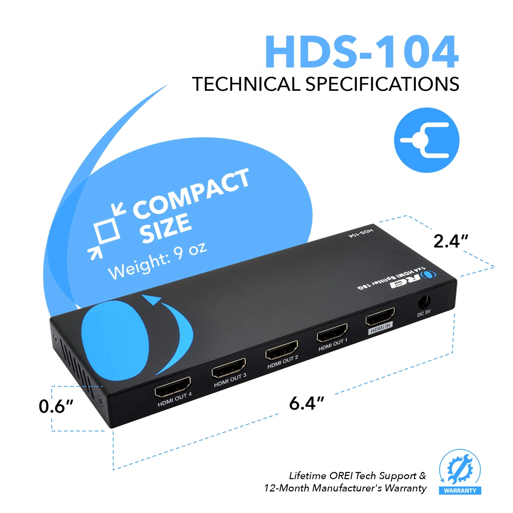 1x4 HDMI Splitter with Power Adapter : 1-in 4-out, EDID (HDS-104) - Image 2