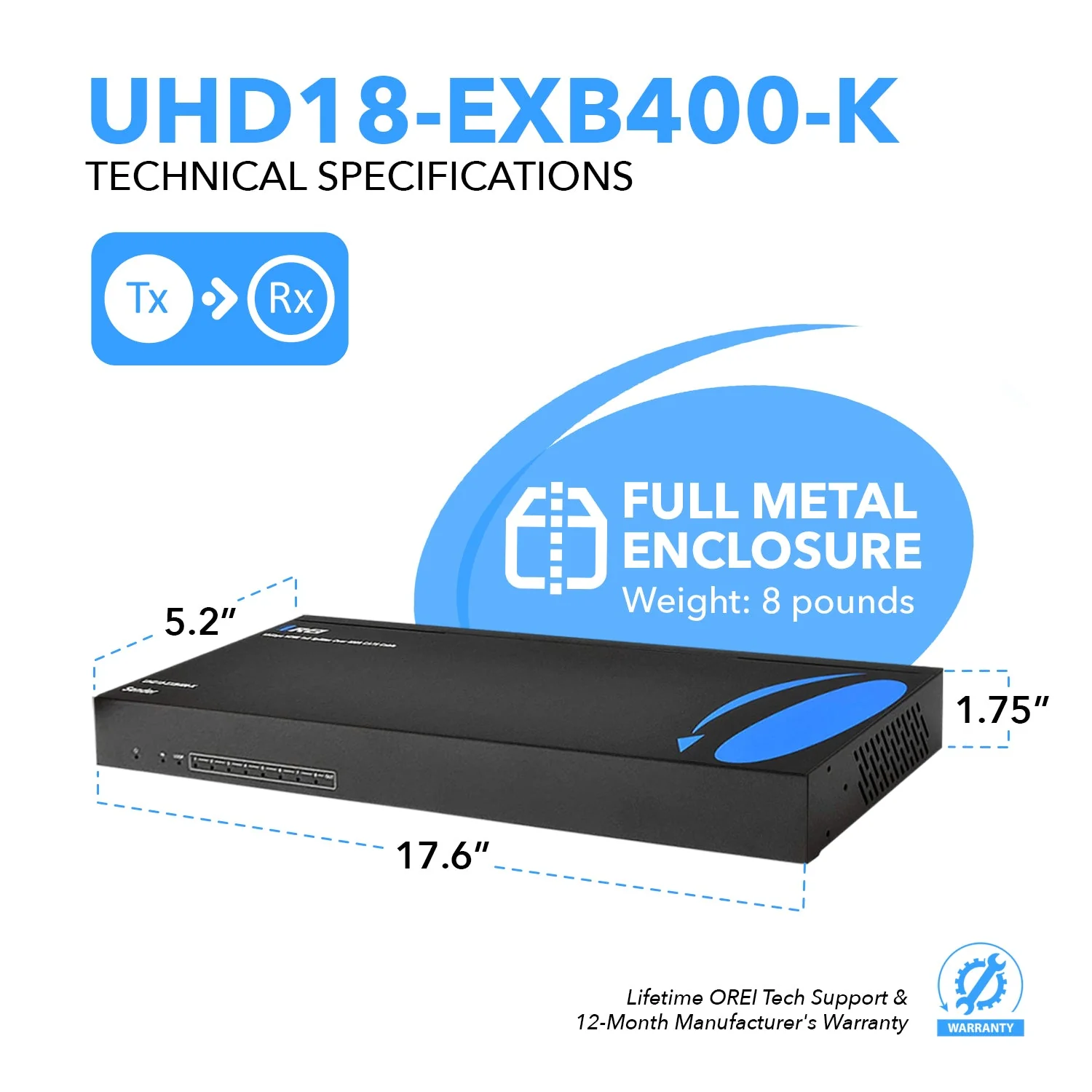 4K 1x8 HDMI Extender Splitter over CAT 6 up to 400 feet with PoC, one-way IR control, EDID management (UHD18-EXB400-K) - Image 5