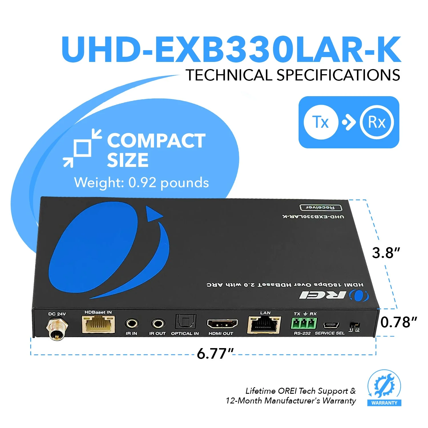 4K HDBaseT HDMI Extender Over CAT6/7 up to 330 Feet, Bi-directional IR, ARC, PoC, RS-232 (UHD-EXB330LAR-K) - Image 5