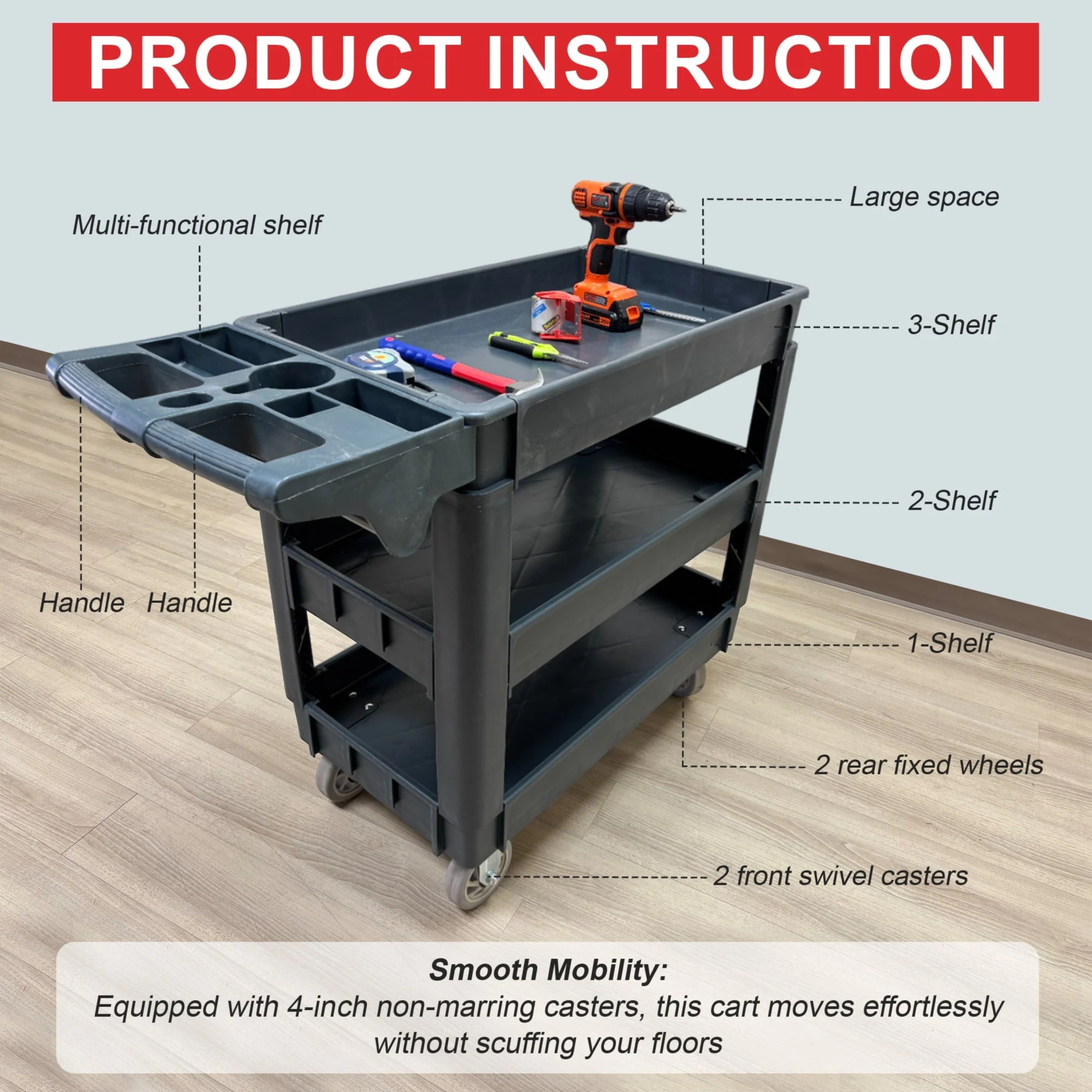 600 lbs Heavy Duty Plastic Rolling Utility Cart for Warehouse/Garage/Restaurants/Offices, HDPE Shelves, 5" Caster Wheels - Image 3
