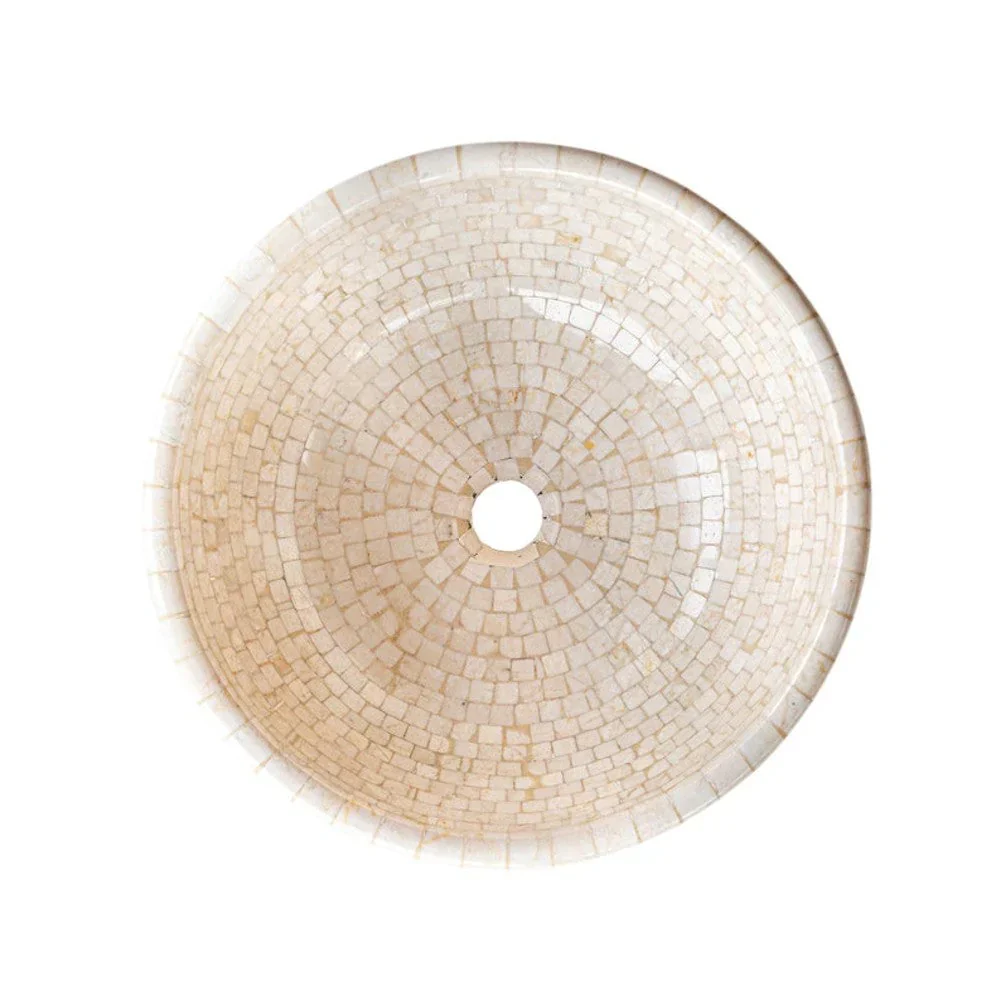 Botticino Marble Mosaic Natural Stone Round Above Vanity Vessel Sink Semi-polished (D)16" (H)6" - Image 4