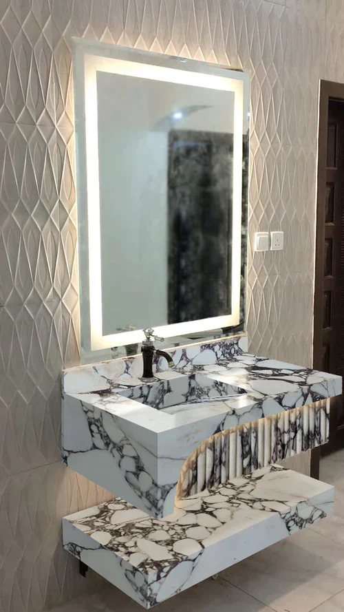 Calacatta Viola Marble Wall-mount Bathroom Sink Hidden Drain Set of 2 - Image 4