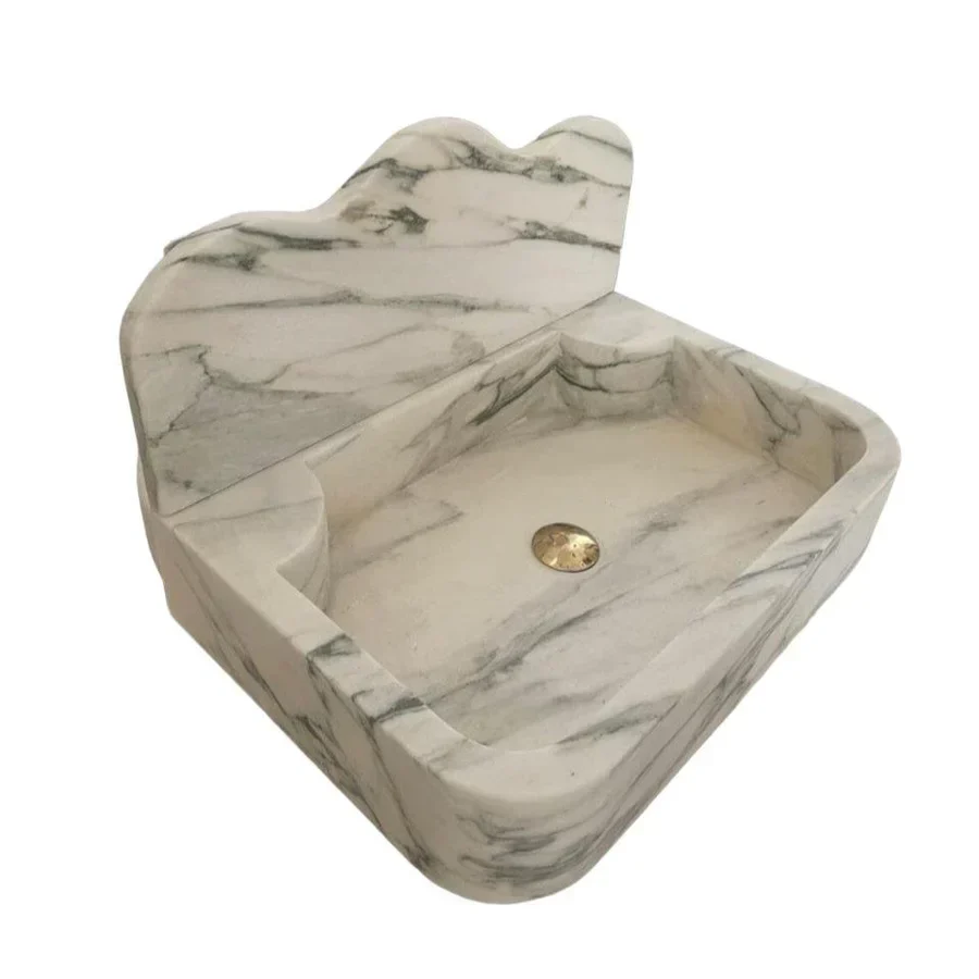 Calacatta White Marble Wall-Mount Bathroom Sink with Arabesque Backsplash (W)16" (L)24" (H)5" - Image 4