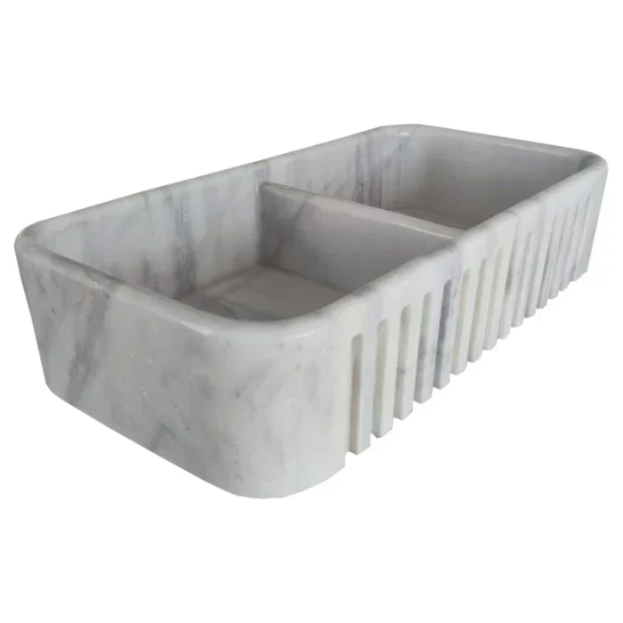 Carrara White Marble Farmhouse Apron Kitchen Double Sink (W)18" (L)36" (H)8" - Image 2
