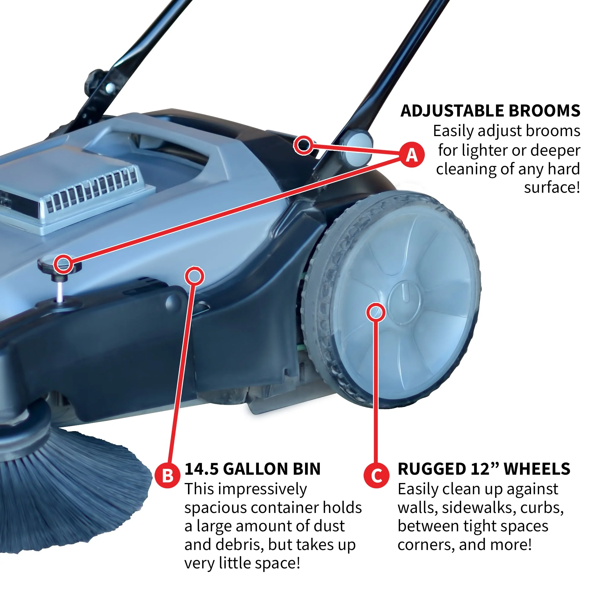 Commercial 38" Push Sweeper with Triple Power Brooms - Image 5