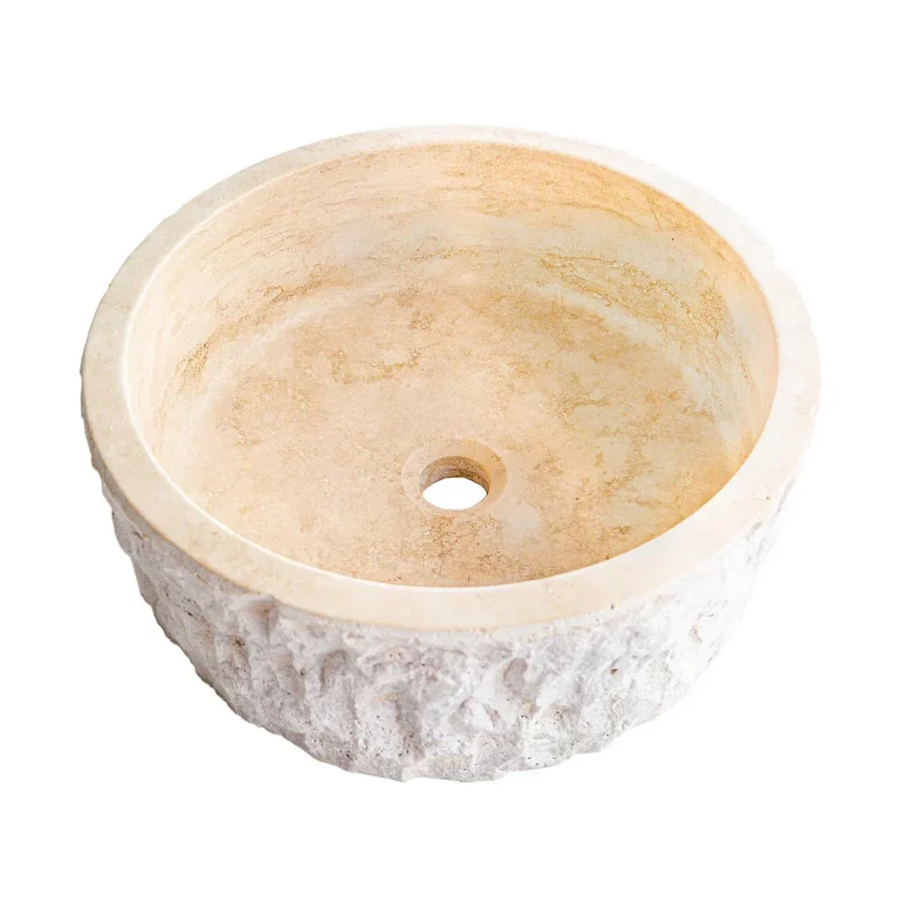 Denizli Beige Travertine Rustic Stone Round Above Vanity Bathroom Sink (D)16" (H)6" - Image 2