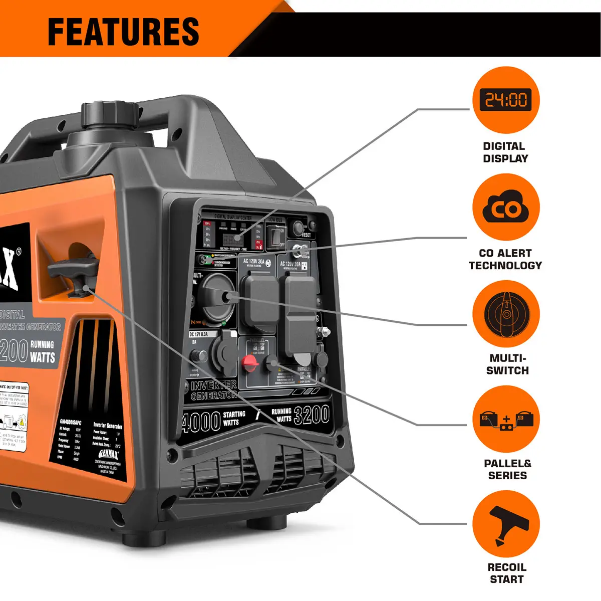 Genmax GM4000iSAPC 4000 Watt Gasoline Inverter Generator ultra-quiet145cc Engine EPA & CARB Compliant, Eco-Mode Feature - Image 2