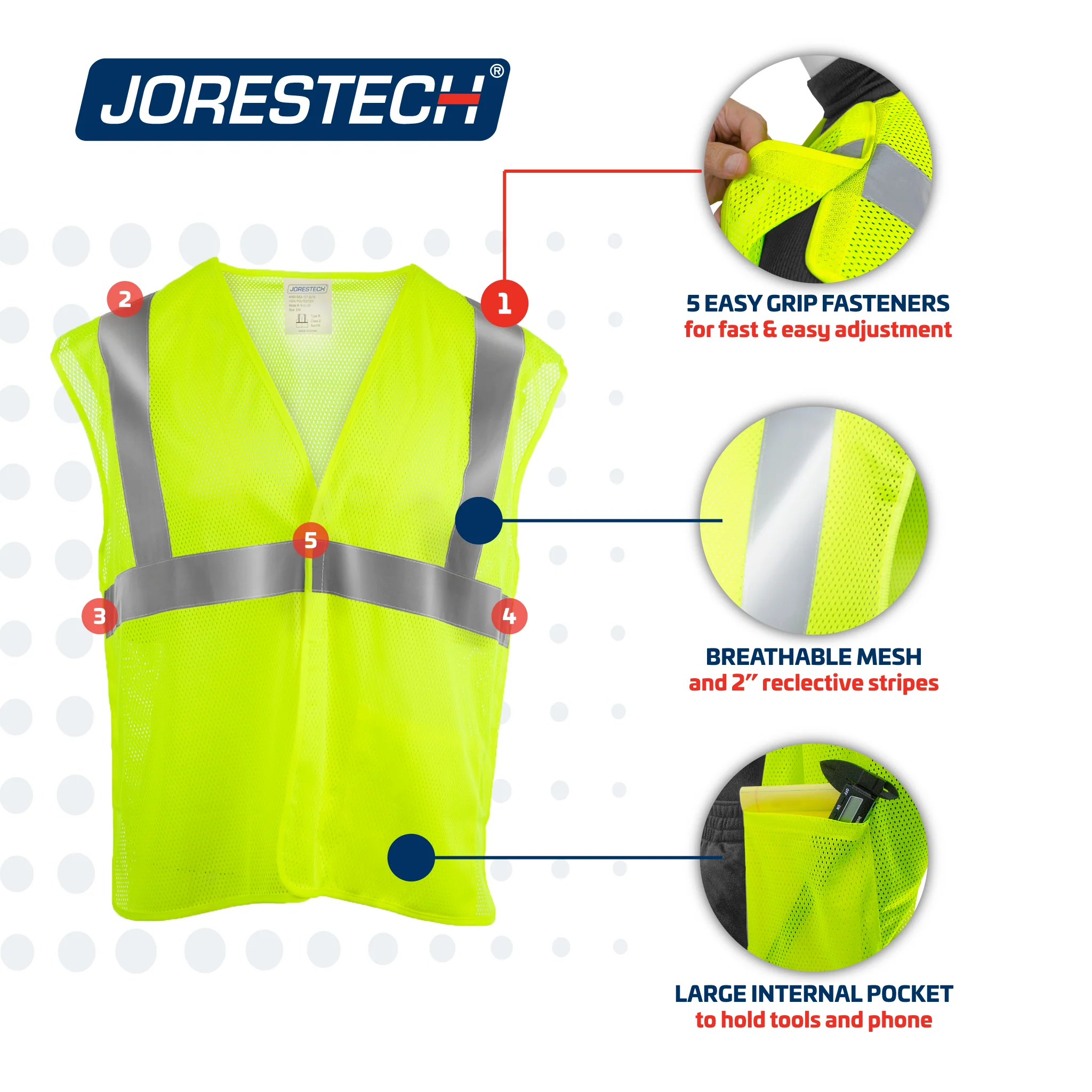 Hi-Vis Yellow Mesh Tearaway Safety Vest with 2” Reflective Strips and Pocket - Image 7
