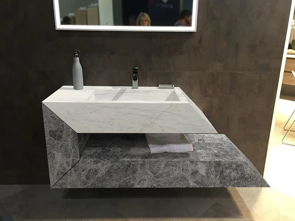 Imperial White and Tundra Gray Marble Designer Wall-mount Bathroom Sink (W)18" (L)32" (H)24" - Image 2