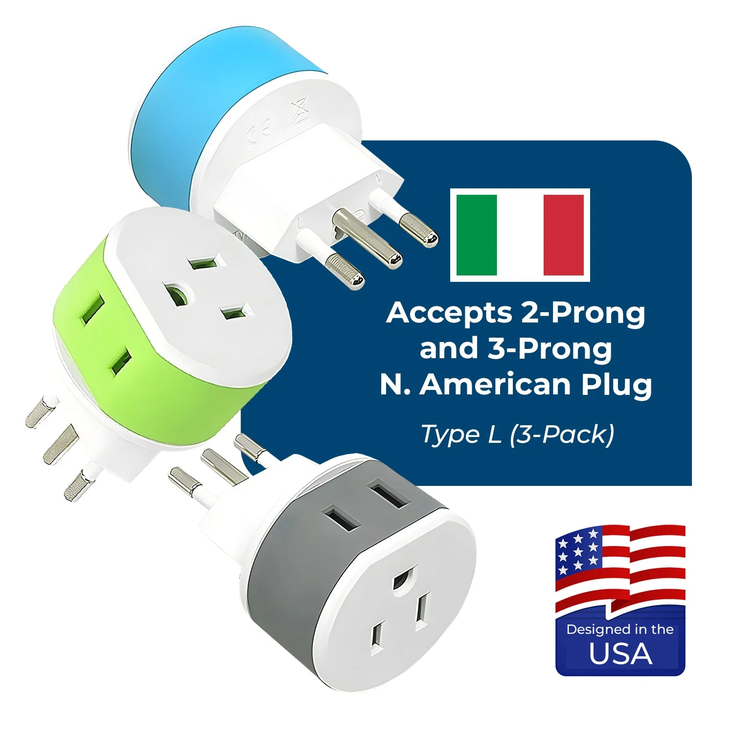 Italy, Uruguay Travel Adapter - 2 in 1 - Type L - Compact Design (US-12A) - Image 4