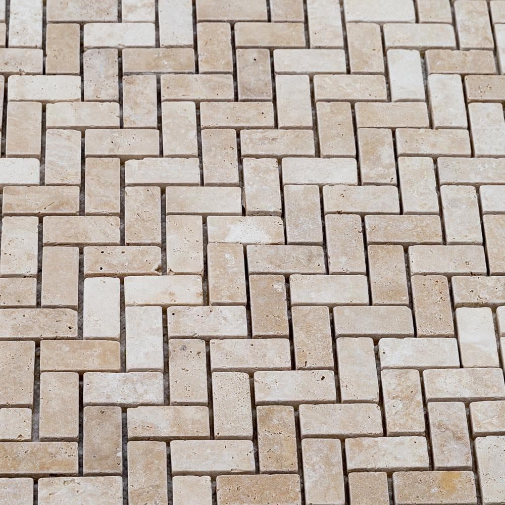 Medium Beige Travertine Tumbled Herringbone Mosaic Floor and Wall Tile - Livfloors Collection - Image 2