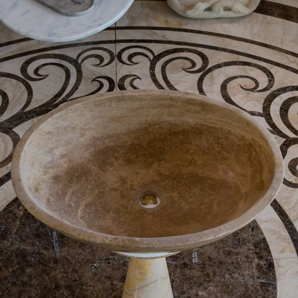 Noce Brown Travertine Natural Stone Oval Above Vanity Bathroom Sink (W)16" (L)21" (H)6" - Image 5
