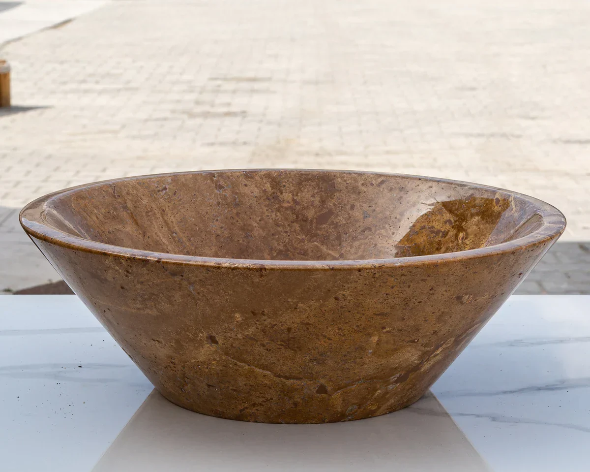 Noce Brown Travertine Powder Room Above Vanity V-Shape Tapered Sink (D)16" (H)6" - Image 2