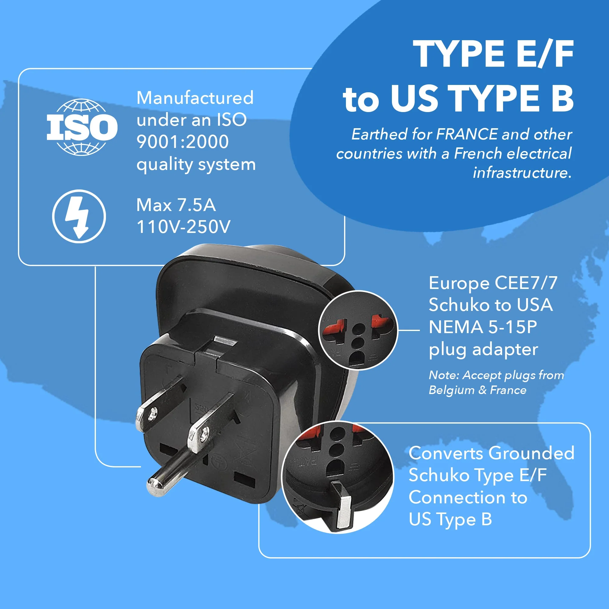 OREI GP-95 Schuko European to USA Grounded Plug Adapter - 3 Pack - Image 8