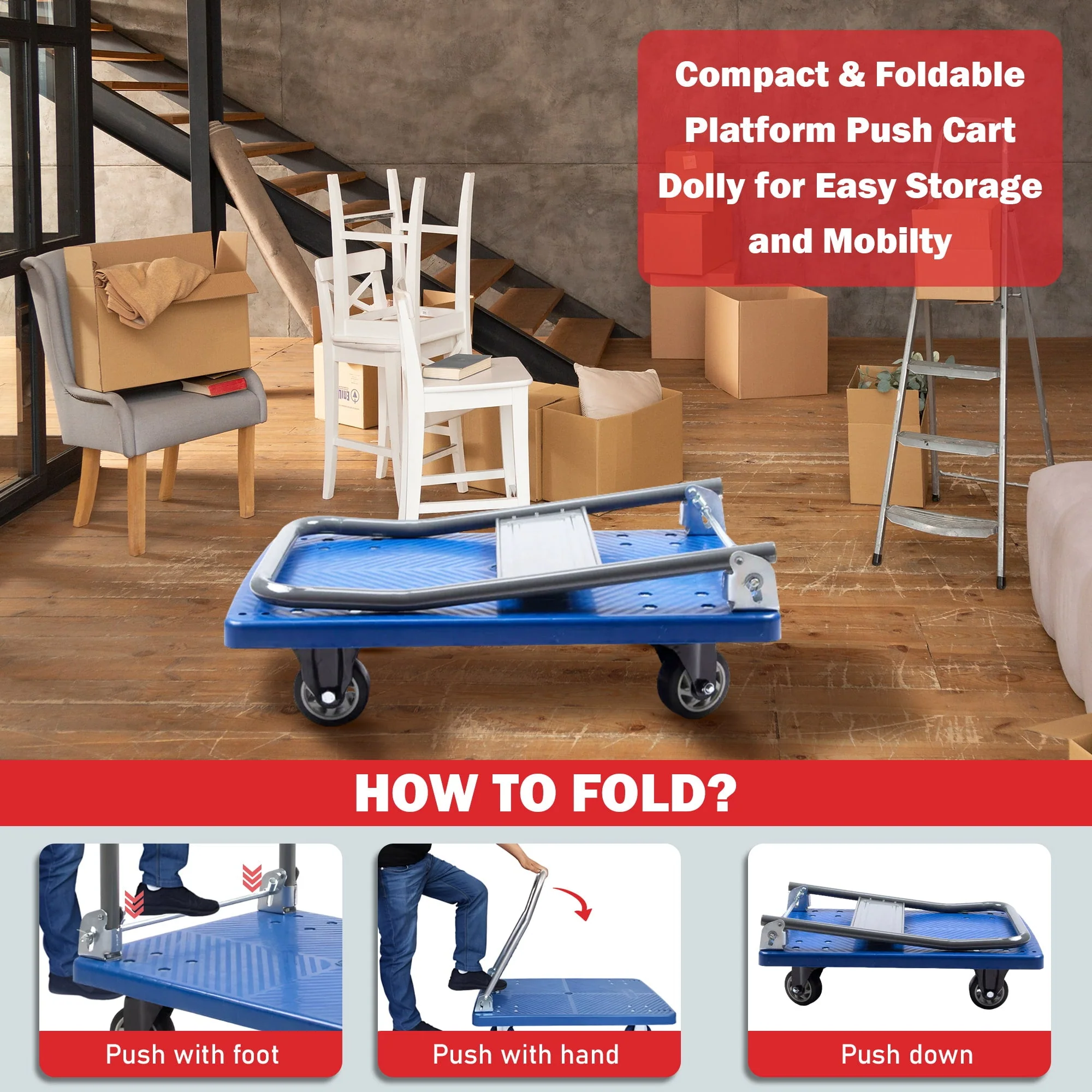 Platform Push Cart Dolly, Compact & Foldable for Easy Storage and Mobility, 330-660 lb Capacity, 360 Degree Swivel Wheels, Blue - Image 6