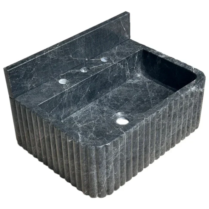 Sirius Black Marble Wall-mount Bathroom Sink Ribbed with 4" Backsplash (W)16" (L)20" (H)8" - Image 2