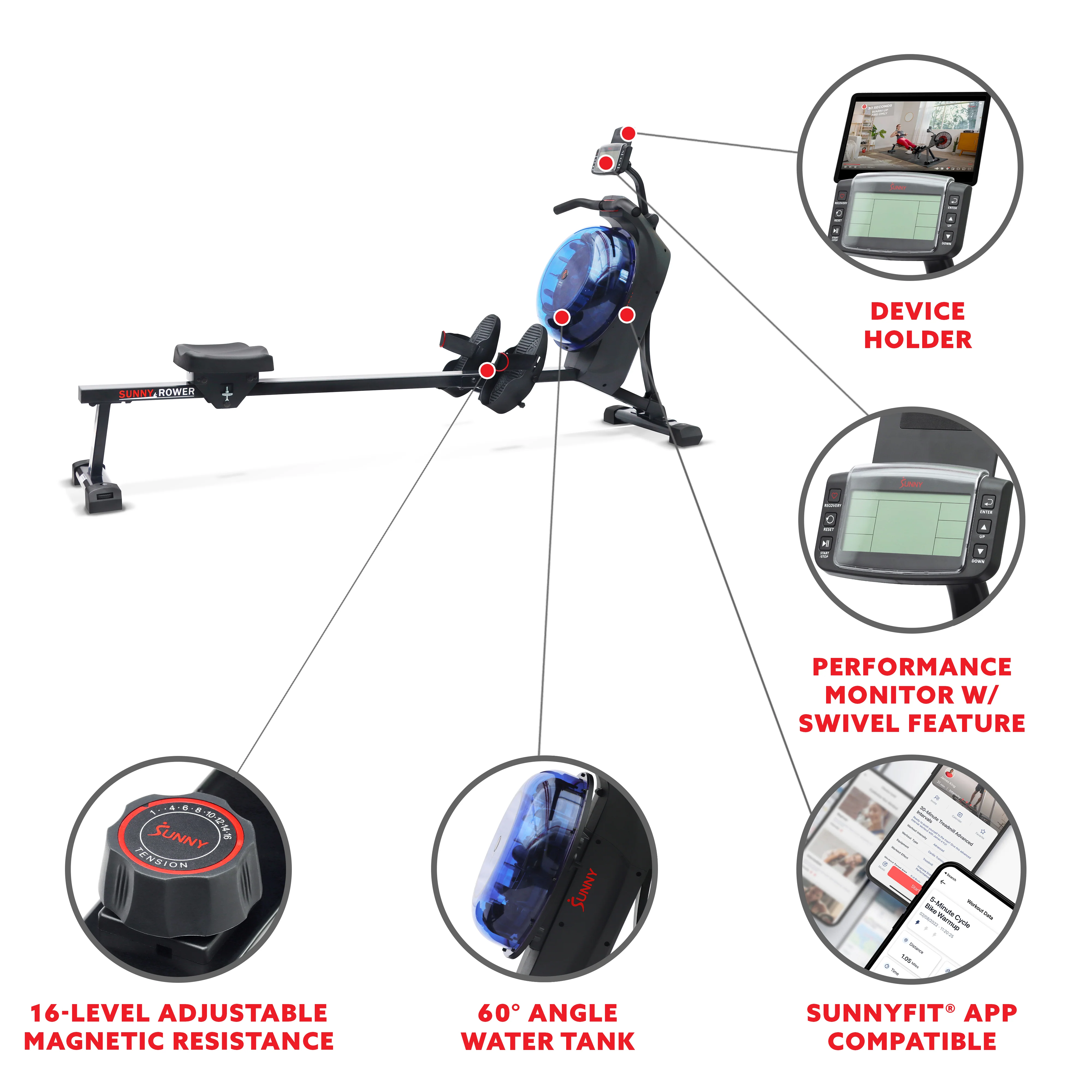 Sunny Health & Fitness Hydro + Dual Resistance Smart Magnetic Water Rowing Machine in Blue - SF-RW522017BLU - Image 8