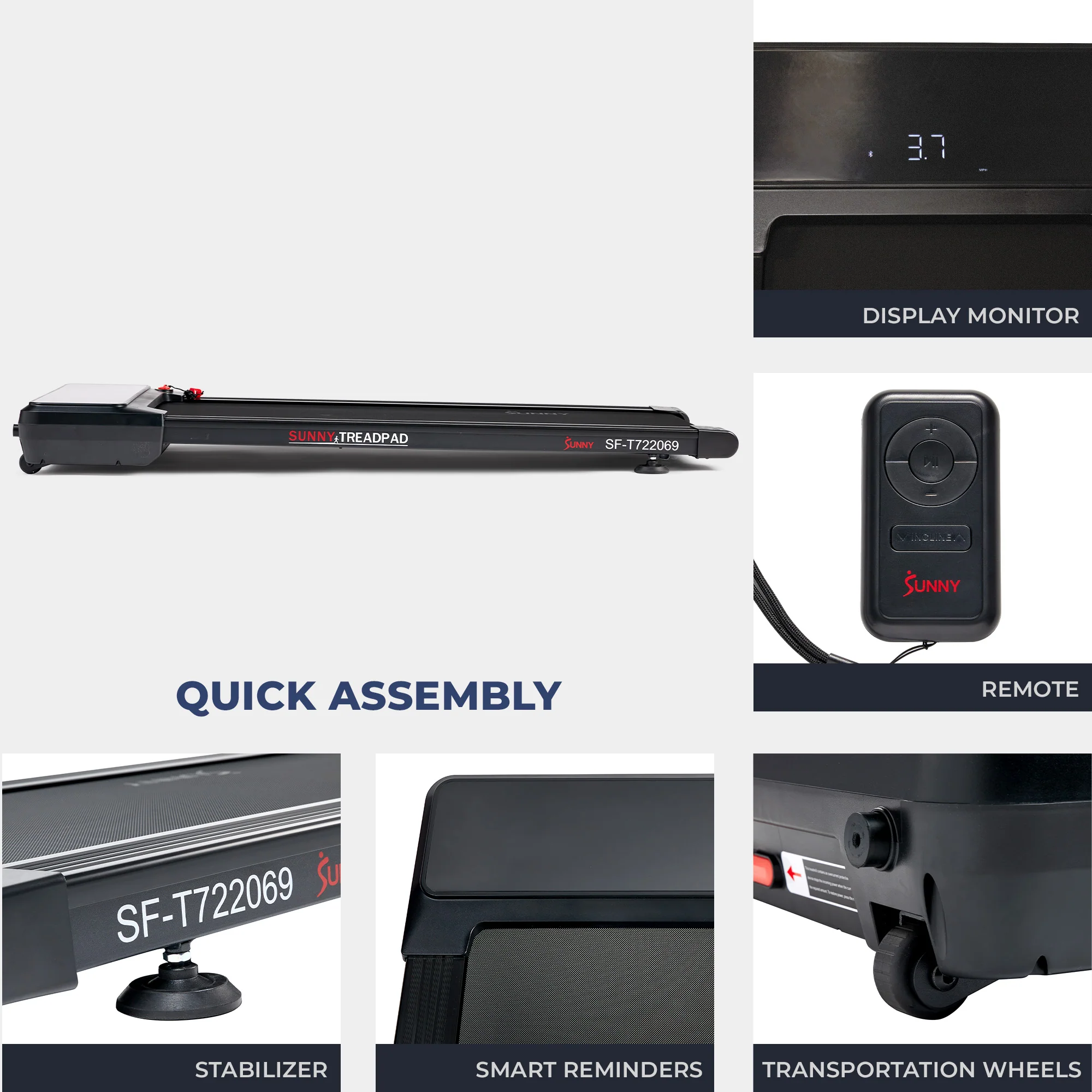Sunny Health & Fitness Sleek Stride Smart Compact Auto Incline Treadpad Treadmill – SF-T722069 - Image 4