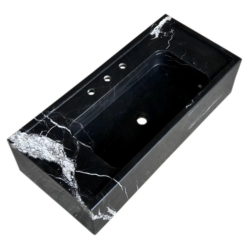 Toros Black Marble Rectangular Wall-mount Bathroom Sink (W)16" (L)36" (H)10" - Image 5