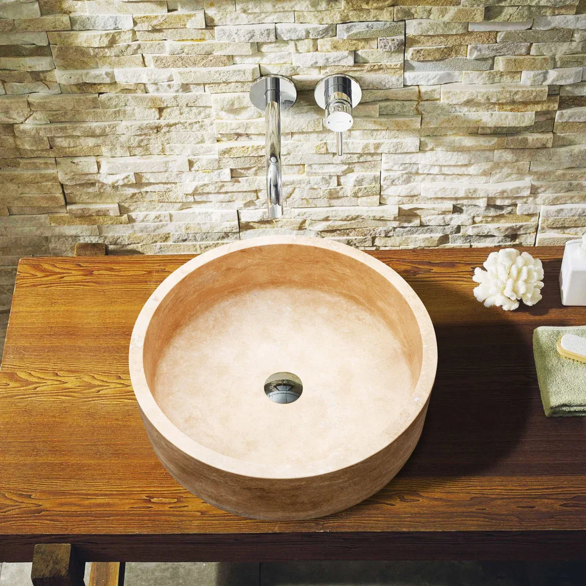 Troia Light Travertine Cylinder Round Above Vanity Bathroom Sink Honed (D)16" (H)6" - Image 2