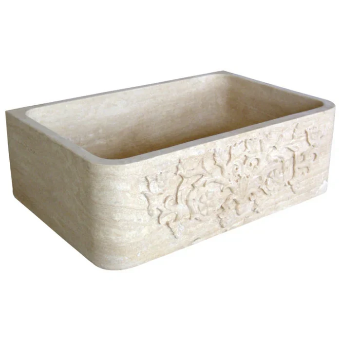Troia Light Travertine Farmhouse Hand-carved Vine Design Apron Kitchen Sink (W)18" (L)30" (H)10" - Image 2