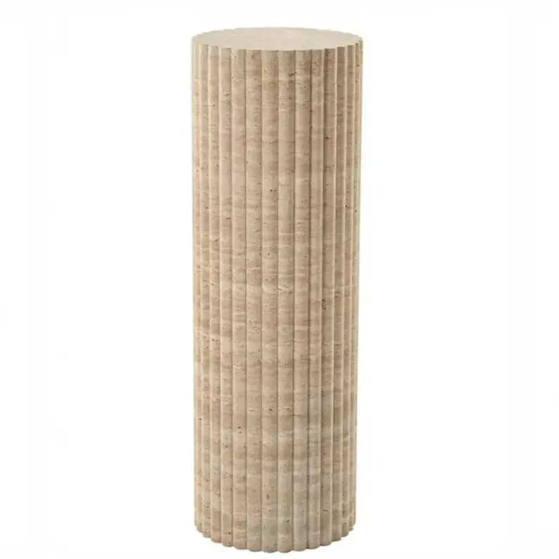 Troia Light Travertine Plinth Side Table Fluted Unfilled, Honed - Image 3