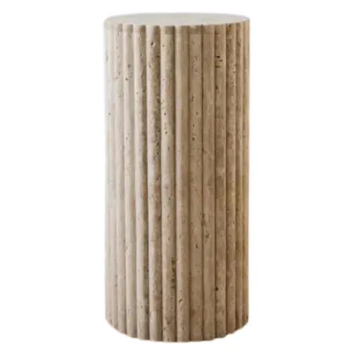 Troia Light Travertine Plinth Side Table Fluted Unfilled, Honed - Image 4