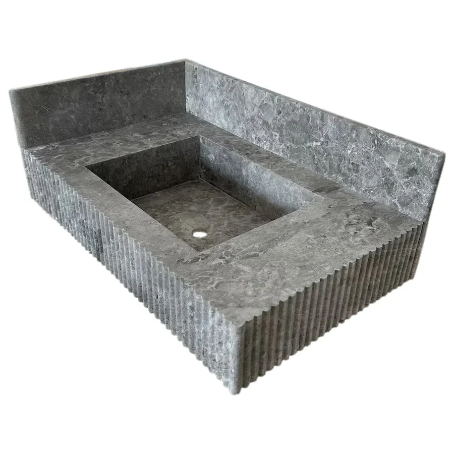 Tundra Gray Marble Rectangular Wall-mount Bathroom Sink with 6" Backsplash (W)16" (L)32" (H)10" - Image 3